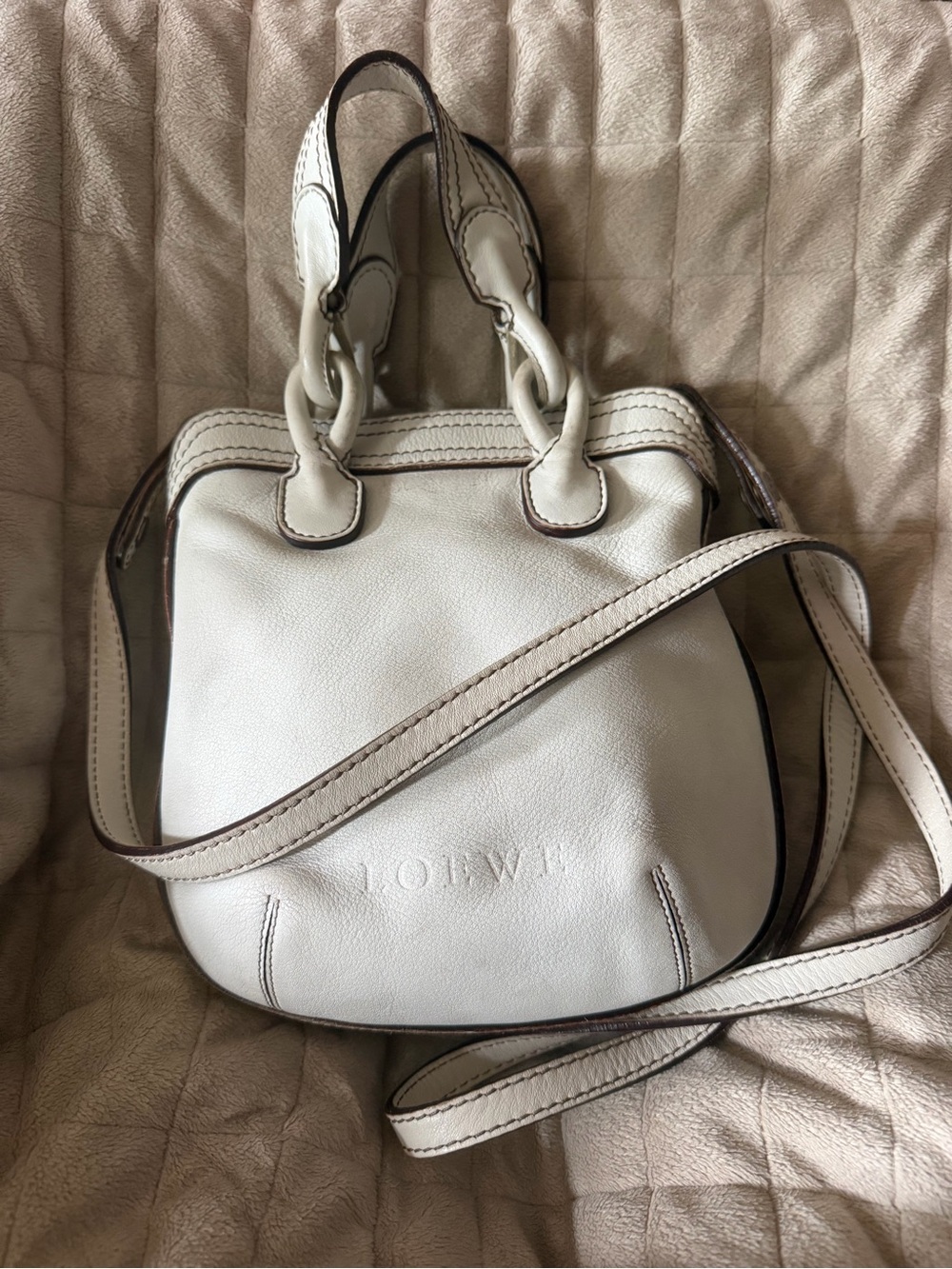 LOEWE White “Worn Leather” Crossbody Bag w/Contrast Stitching & Embossed Logo